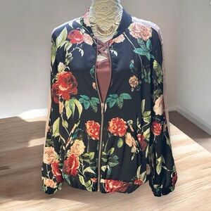 I Jeans by Buffalo Floral Bomber Jacket Women’s Medium Black Satin Varsity Chic